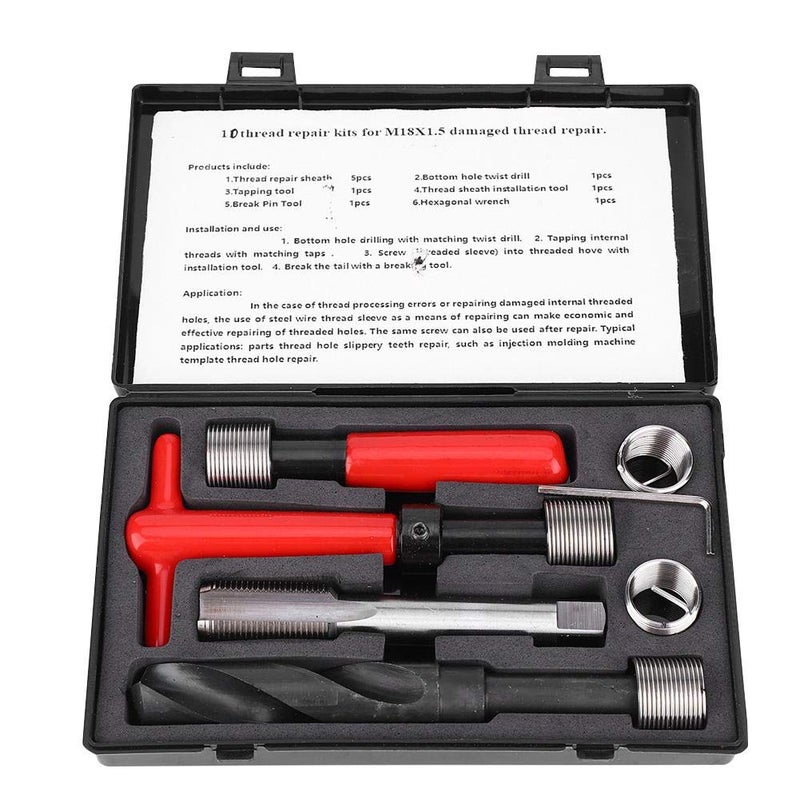 JADPES Thread Repair Tool Kit,10Pcs M18x1.5mm Stainless Steel Twisted Drill Tap Wrench Threaded Insert Tap Insertion Tool for Damaged Thread Repair - Image 1